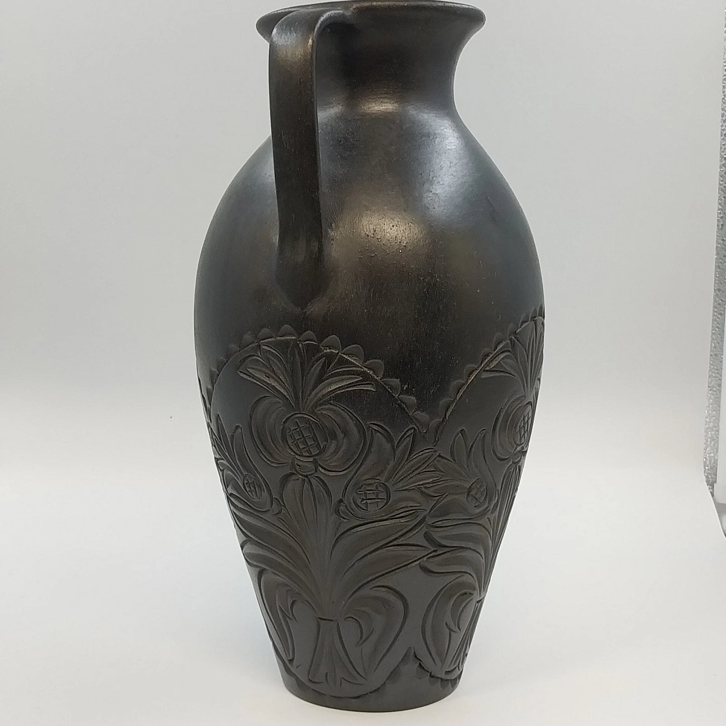 Black Pottery Vase Incised Floral Double Handle Amphora Urn 14" Unmarked