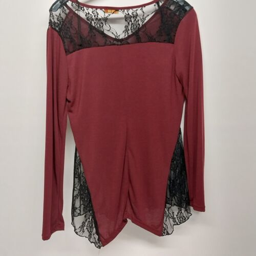 Liz in LA Maroon Long Sleeve XL Shirt Lace Shoulders And Back V-Neck Pullover