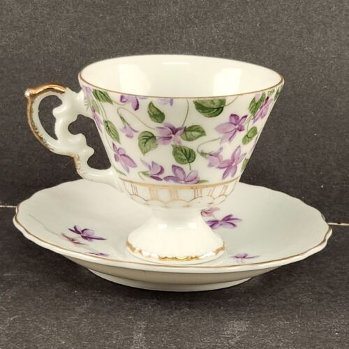 White Pedestal Demitasse Teacup and Saucer Purple Violets and Gold Trim Vintage