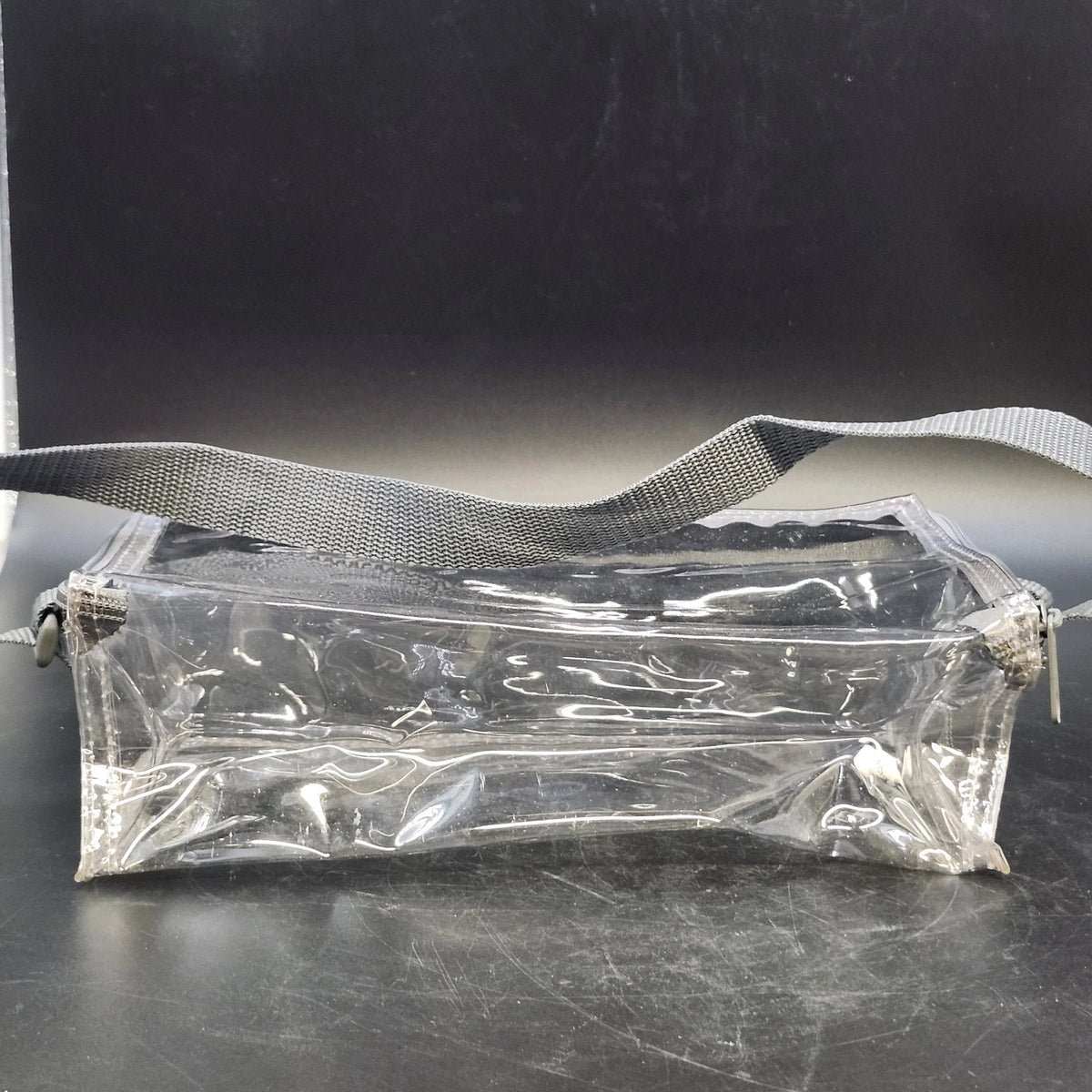 Get Organized Clear Vinyl Cosmetic Travel Organizer Bag Gray Strap 10" Zip Top