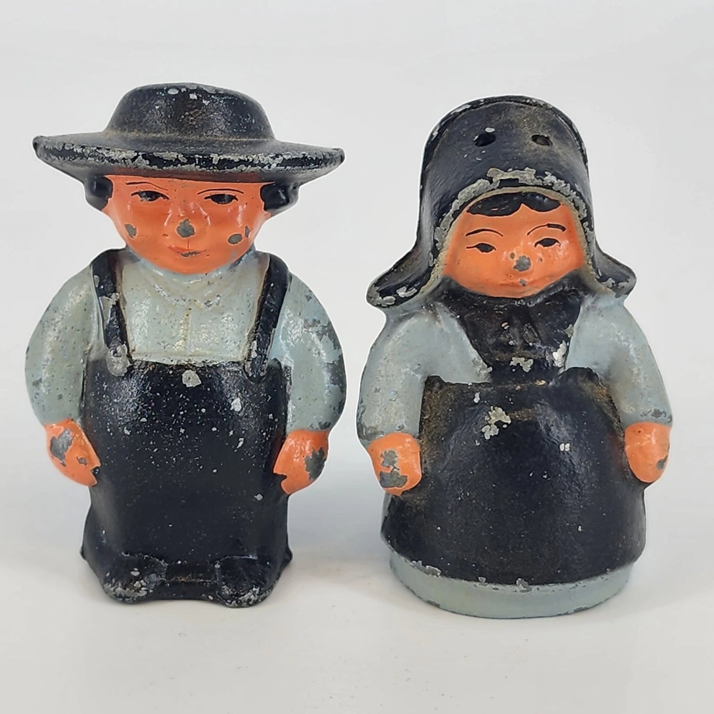 Amish Couple Salt & Pepper Shakers Cast Metal Figural Cork Stopper Country Farm