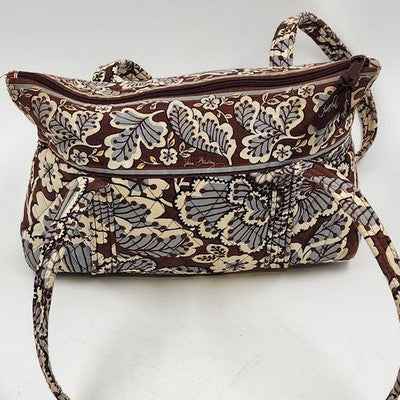 Vera Bradley Shoulder Bag Tote Slate Blooms Brown/Blue Floral Cotton Quilted Zip