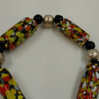 Black & Multicolor Bracelet Art Glass Beaded with Gold Tone Knotted Jewelry 7"