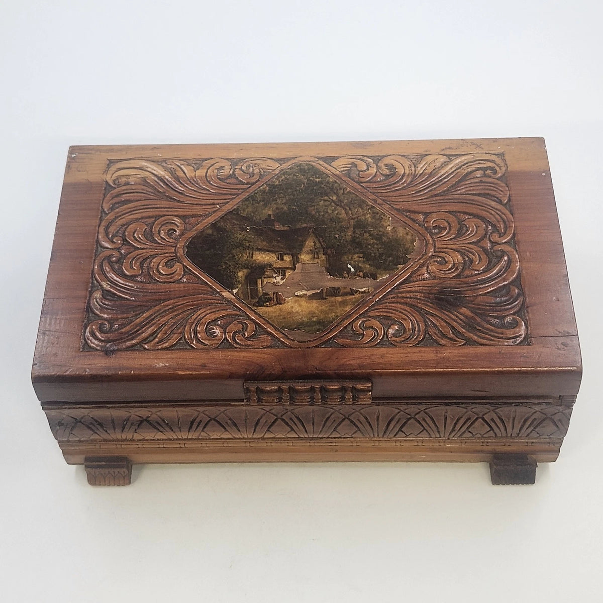 Jewelry Trinket Box 11" Carved Cedar Natural Wood Cottage Scene Footed Vintage