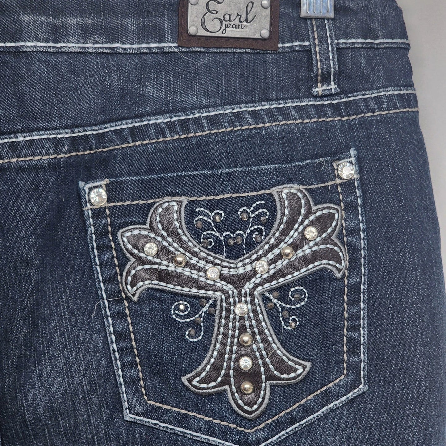 Earl Jean Women's Denim Jeans Dark Blue Bedazzled Rhinestone Pockets Inseam 31"