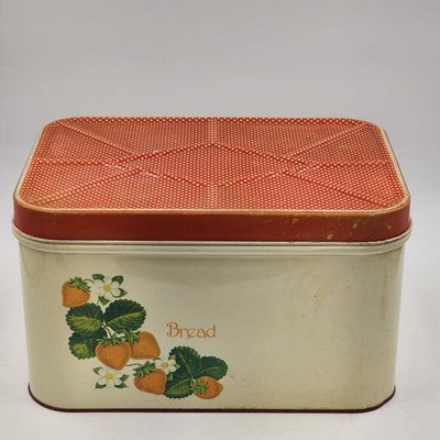 Cheinco Metal Tin Bread Box 13.5x9.5x8"h Strawberries & Leaf Red Lid Vintage MCM