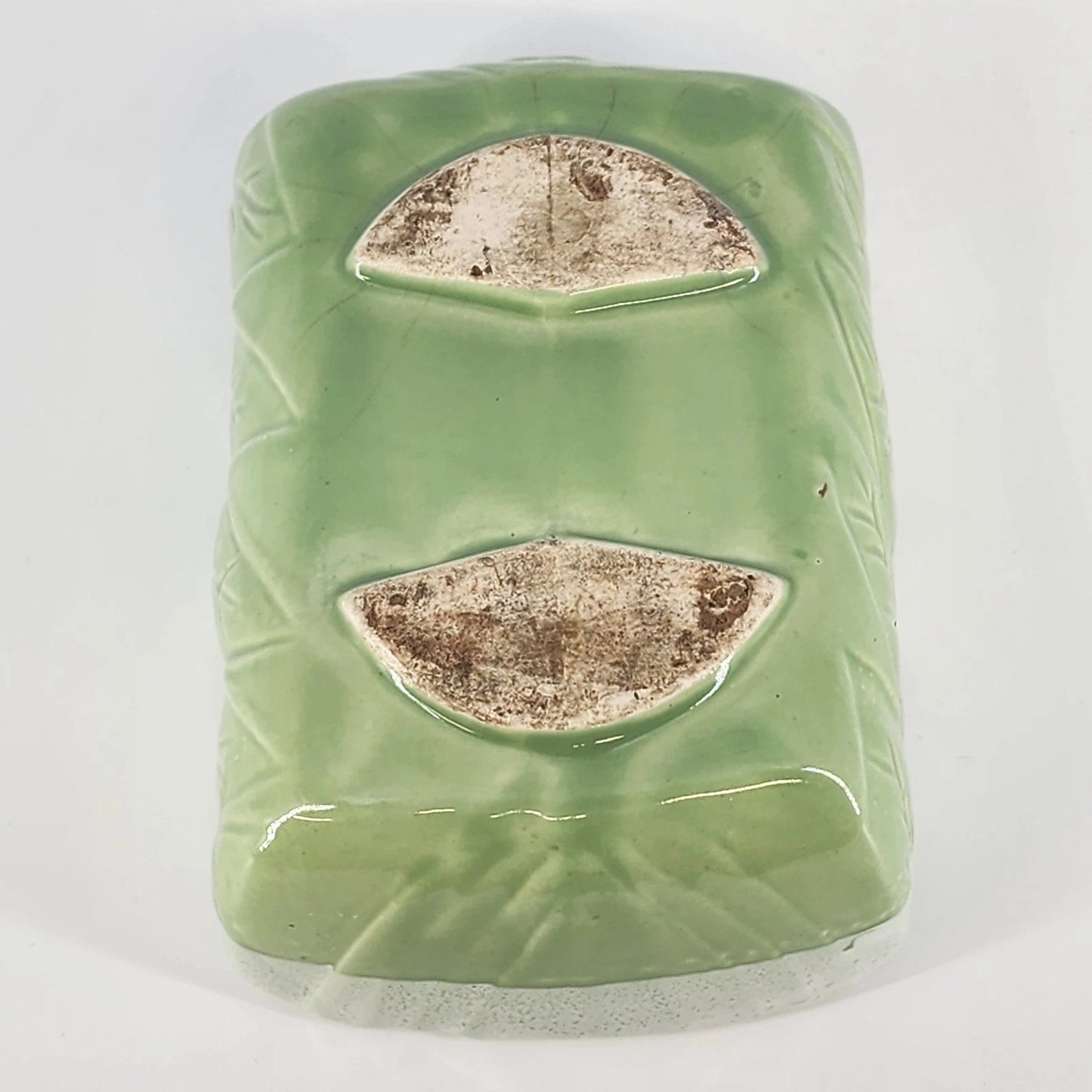 Majolica Rectangular Planter Green & Cream Embossed Leaf Design Two Tone 6.5"