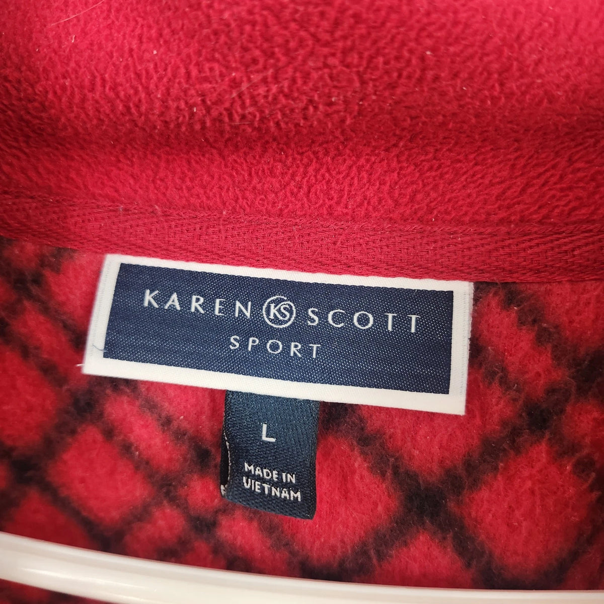 Karen Scott Sport Women's Fleece Jacket Large Red Black Plaid Full Zip Pockets
