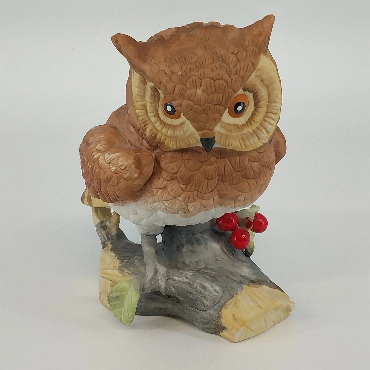 Horned Owl Porcelain Figurine on Log with Holly Red Berries Wildlife Decor 6.5"