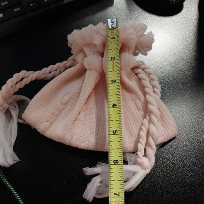 Cream Pink Textured Fabric Tulle Cosmetic Jewelry Drawstring Purse Pouch Bag