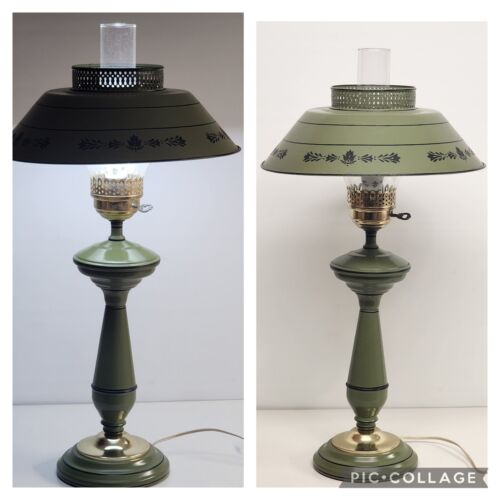 Green Metal Toleware Table Lamp 27" Hurricane Globe Green Metal Shade 3-Way MCM