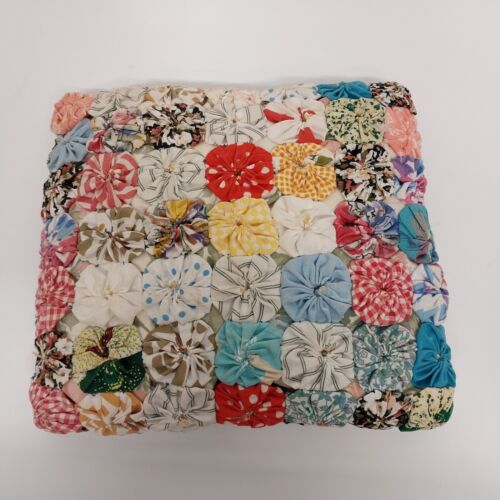 Yo-Yo Pillow Vintage Hand-Sewn - Colorful MCM Fabric Accent Pillow 10" Patchwork