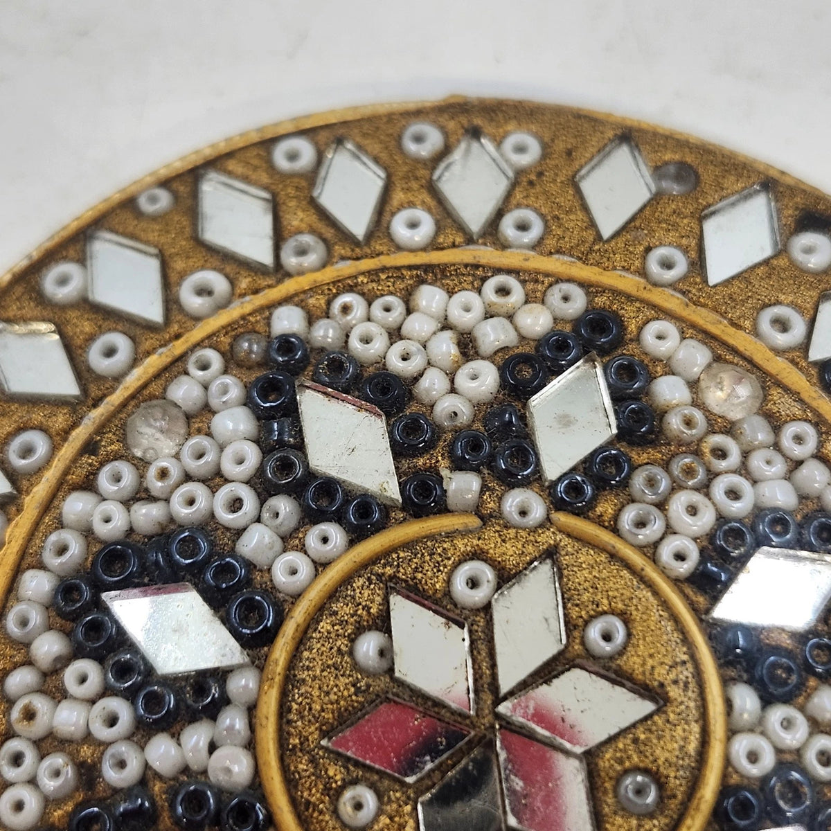 Gold Tone Round Pocket Mirror 2.75" Beaded Ornate Geometric Mosaic Star Design