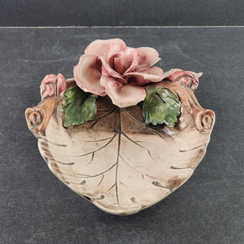 Capodimonte Large Rose Flower w Leaf Candy Dish Vintage Made in Italy 9" Chipped