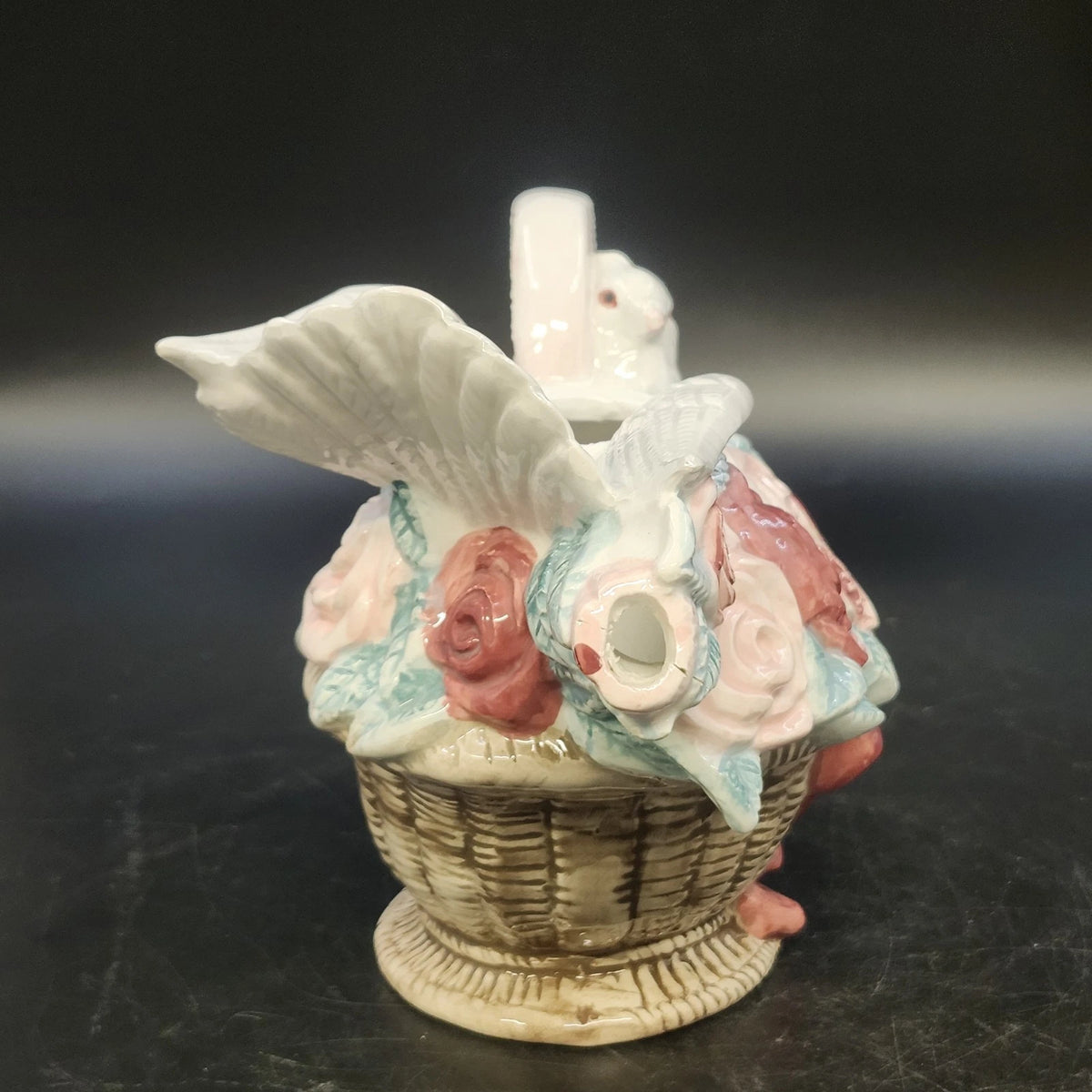 Ceramic Dove Teapot Vase Roses Woven Basket Heart NO LID 9.25" Taiwan Vintage