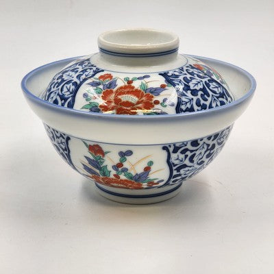 Japanese Pottery Porcelain Floral Design Udon Donburi Rice Bowl w Lid 3.25"x6"