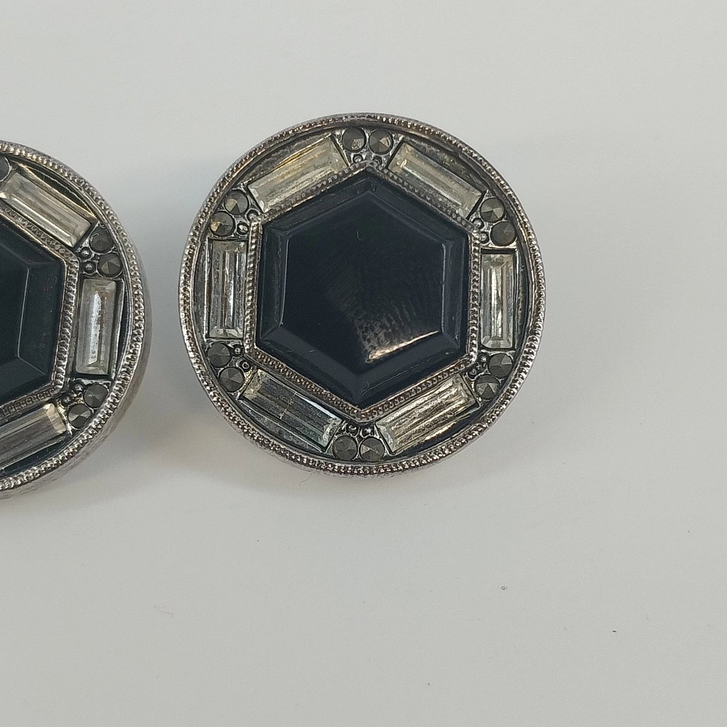 Vintage Black Onyx Octagon Clip On Earrings Art Deco Rhinestone
