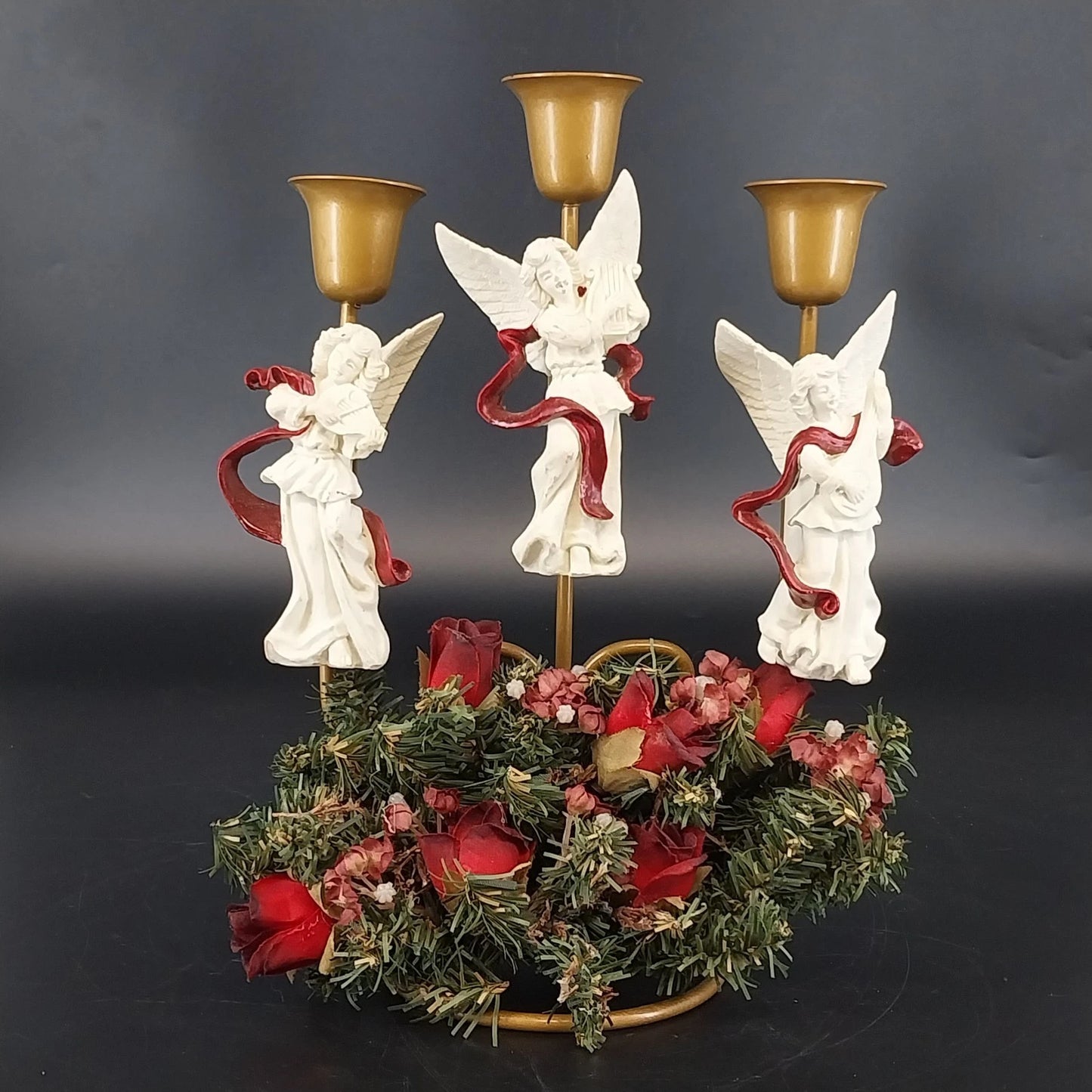 Angel Trio 3-Candle Holder Burgundy Floral Wreath Christmas Centerpiece 9"