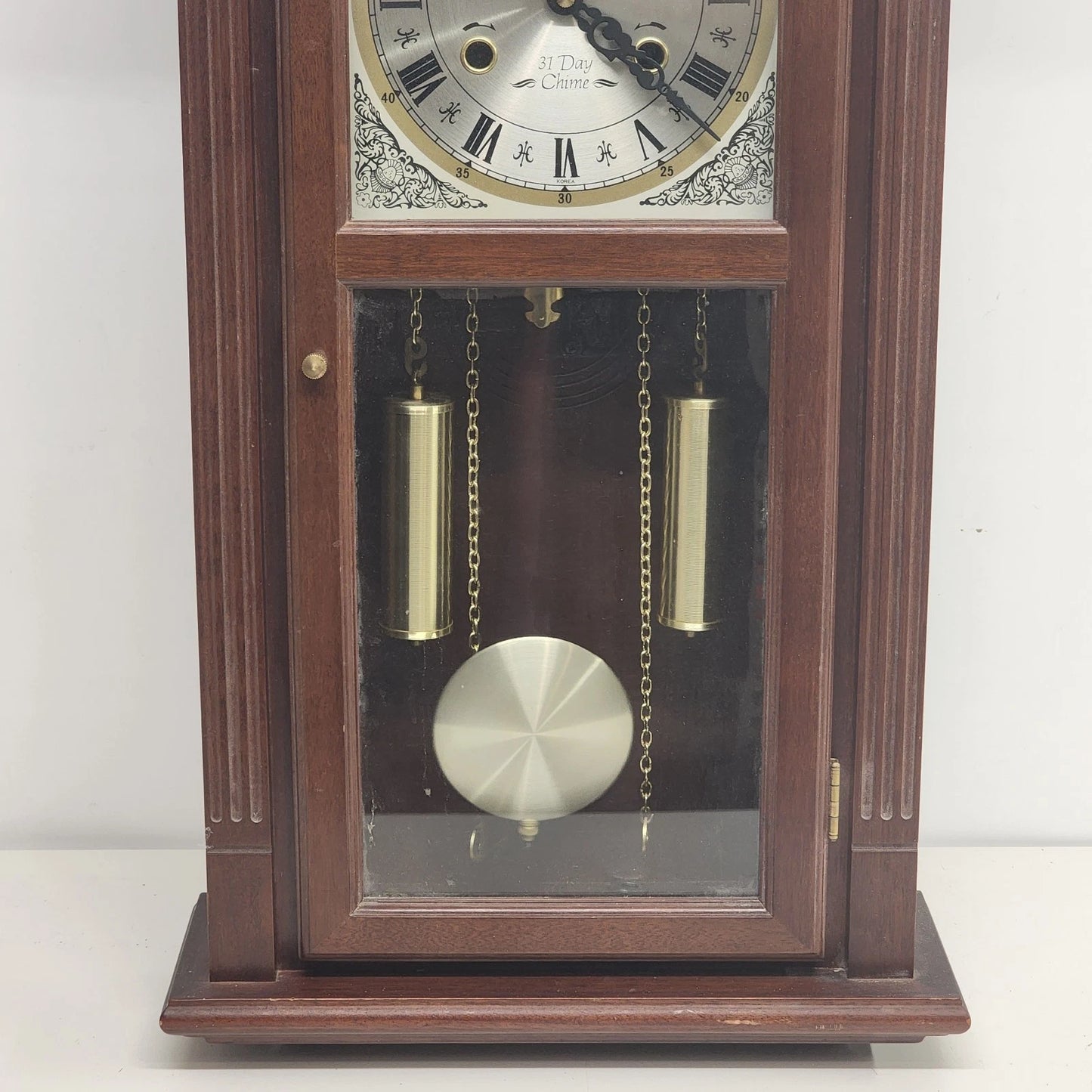 Waltham Tempus Fugit 31 Day Wall Clock Key Wind Pendulum Chime Wood 27.5" Vtg