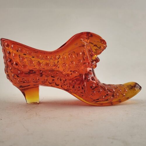 Fenton Hobnail Amber Glass Shoe Cat Head Art Glass Slipper Vintage Boot Amberina