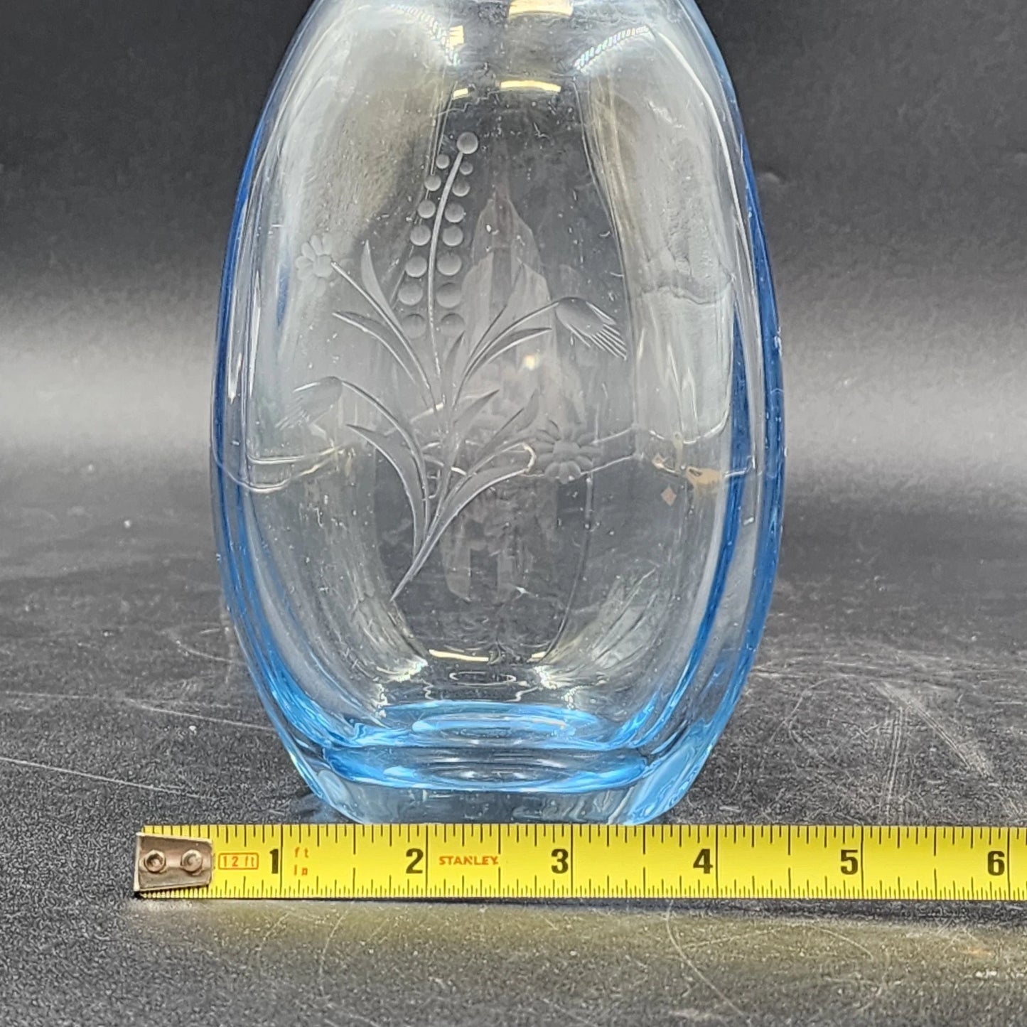 Hand Blown Blue Tint Glass Vase Etched Floral Scandinavian Swedish Oval 6.75″