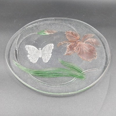 LE Smith 12.5" Clear Frosted Glass Plate Painted Iris & Butterfly Design Vtg