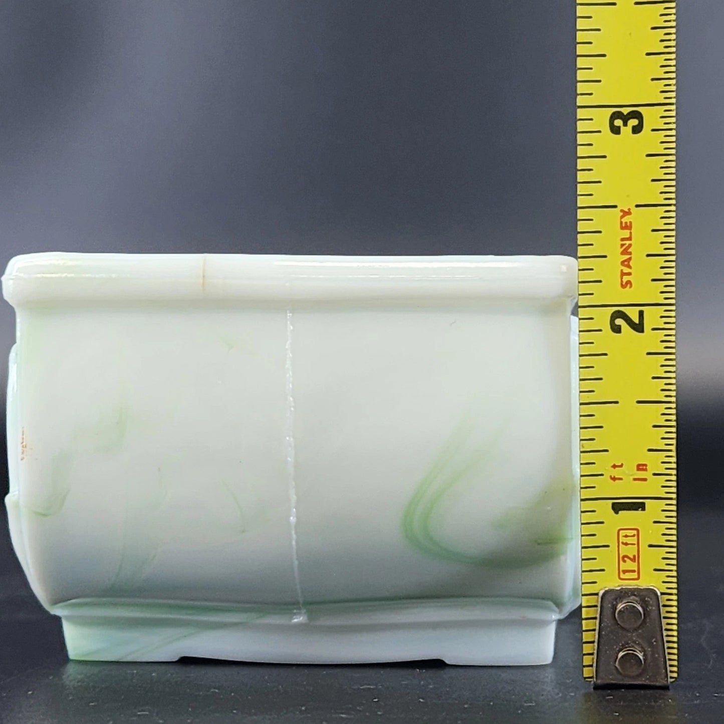 Akro Agate Slag Glass Planter Green White Marble Daffodil Floral Dish 1940's Vtg