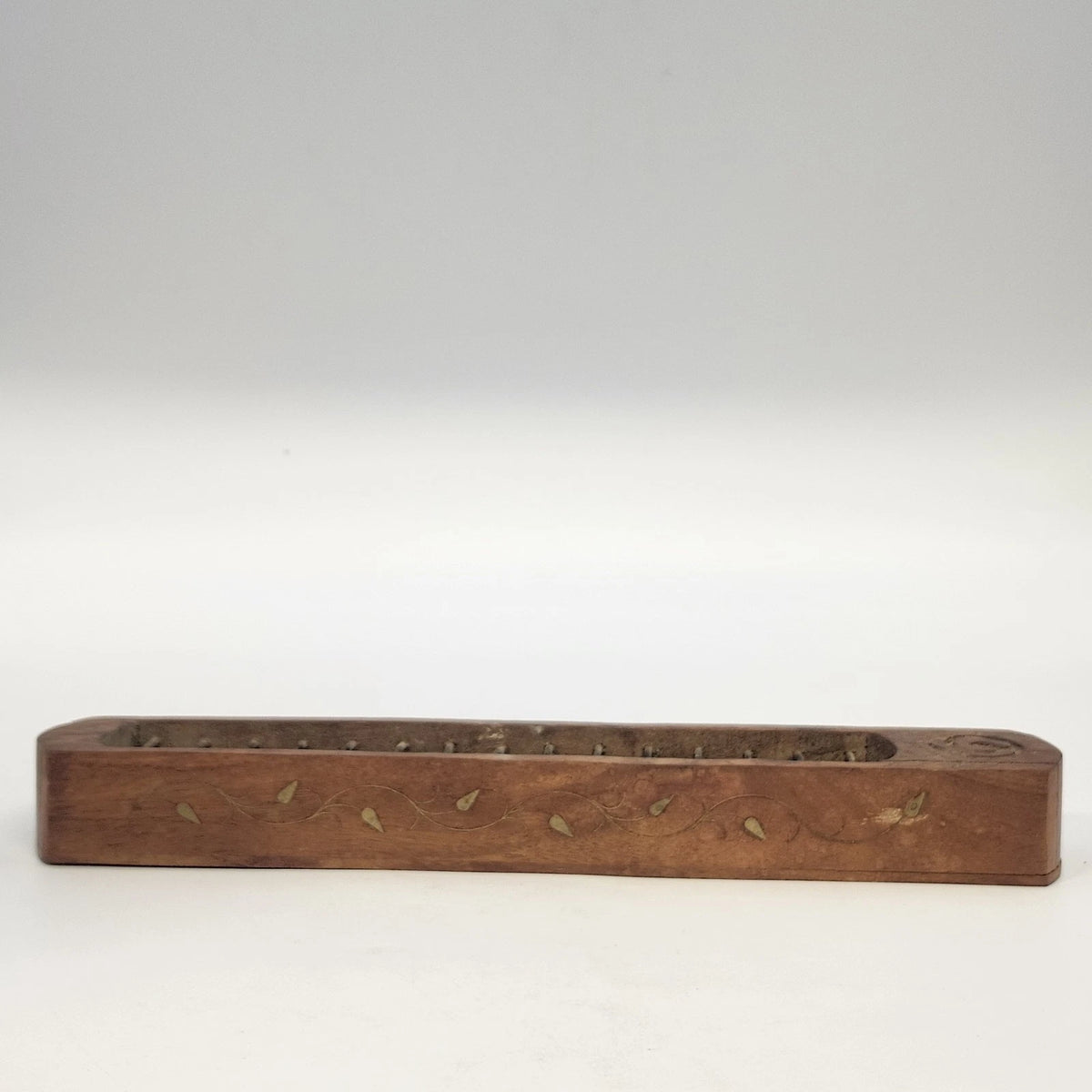 Indian Natural Wood Incense Burner 12.5" Brass Inlay Om Symbol Ash Catcher Vtg
