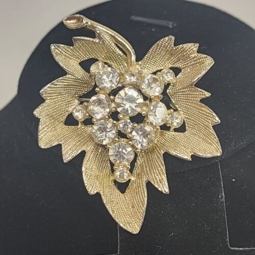 Gold Tone Leaf Brooch with Clear Rhinestones Brushed Finish 1.5" x 2" Vintage