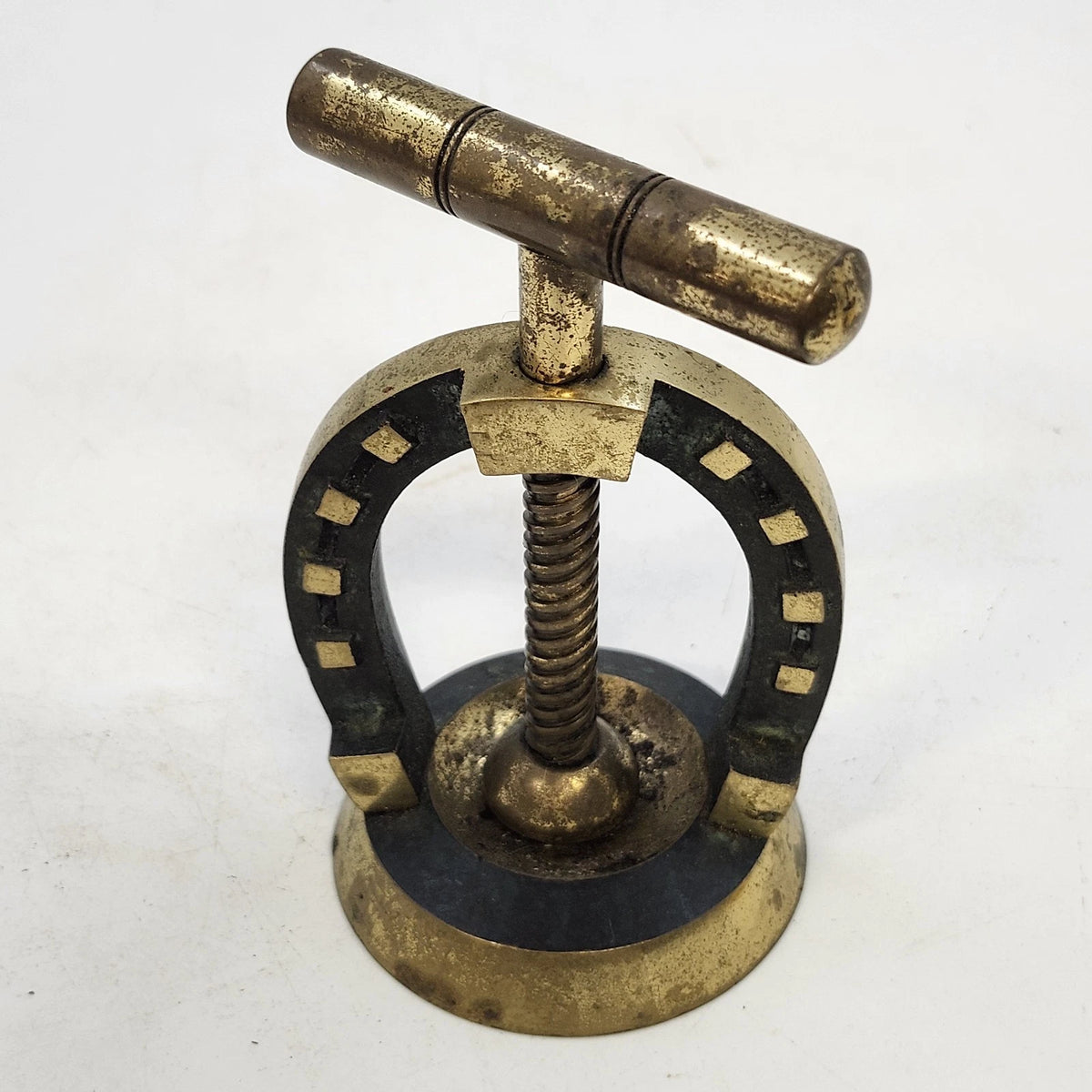 Horseshoe Screw-Down Nutcracker Gold Tone Metal T-Handle Tabletop 3.5" Patina