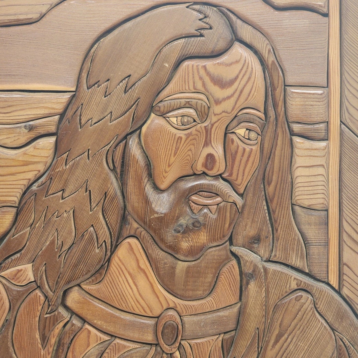 Wood Intarsia Jesus Christ Wall Art Carved Panel 24" Sq Religious Vintage