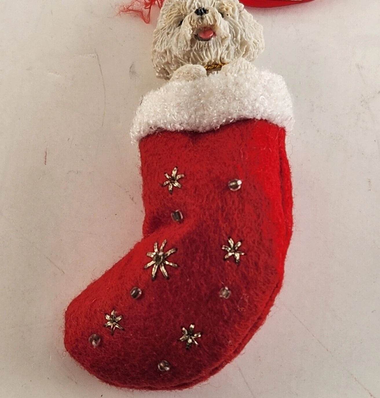 The Danbury Mint Bichon Frise Dog in Red Christmas Stocking Ornament Vintage