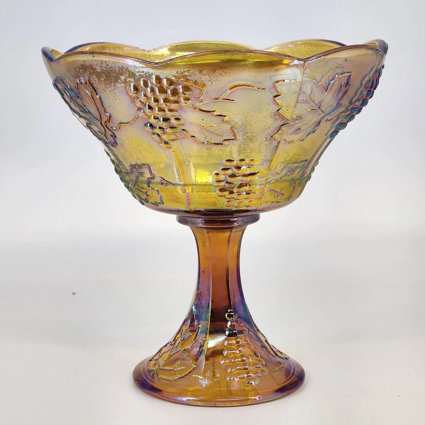 Indiana Glass Harvest Grape Compote Marigold Carnival Pedestal Bowl 8.5" Vintage
