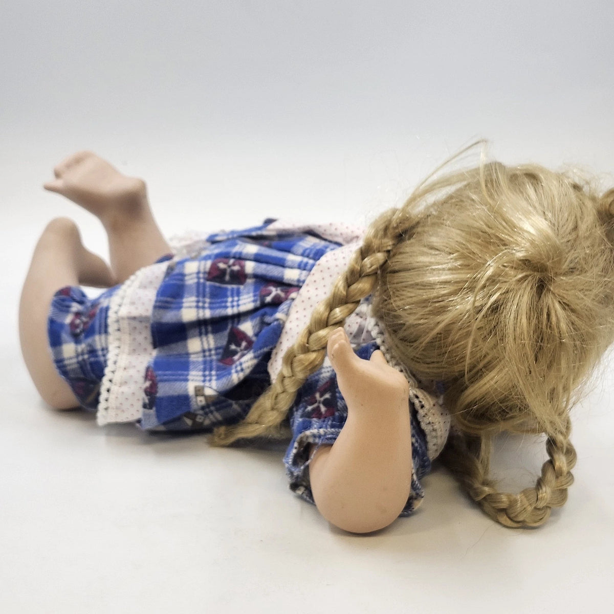 Porcelain Girl Doll Blonde Braids Glasses Blue Plaid Dress 14" Reclining Pose