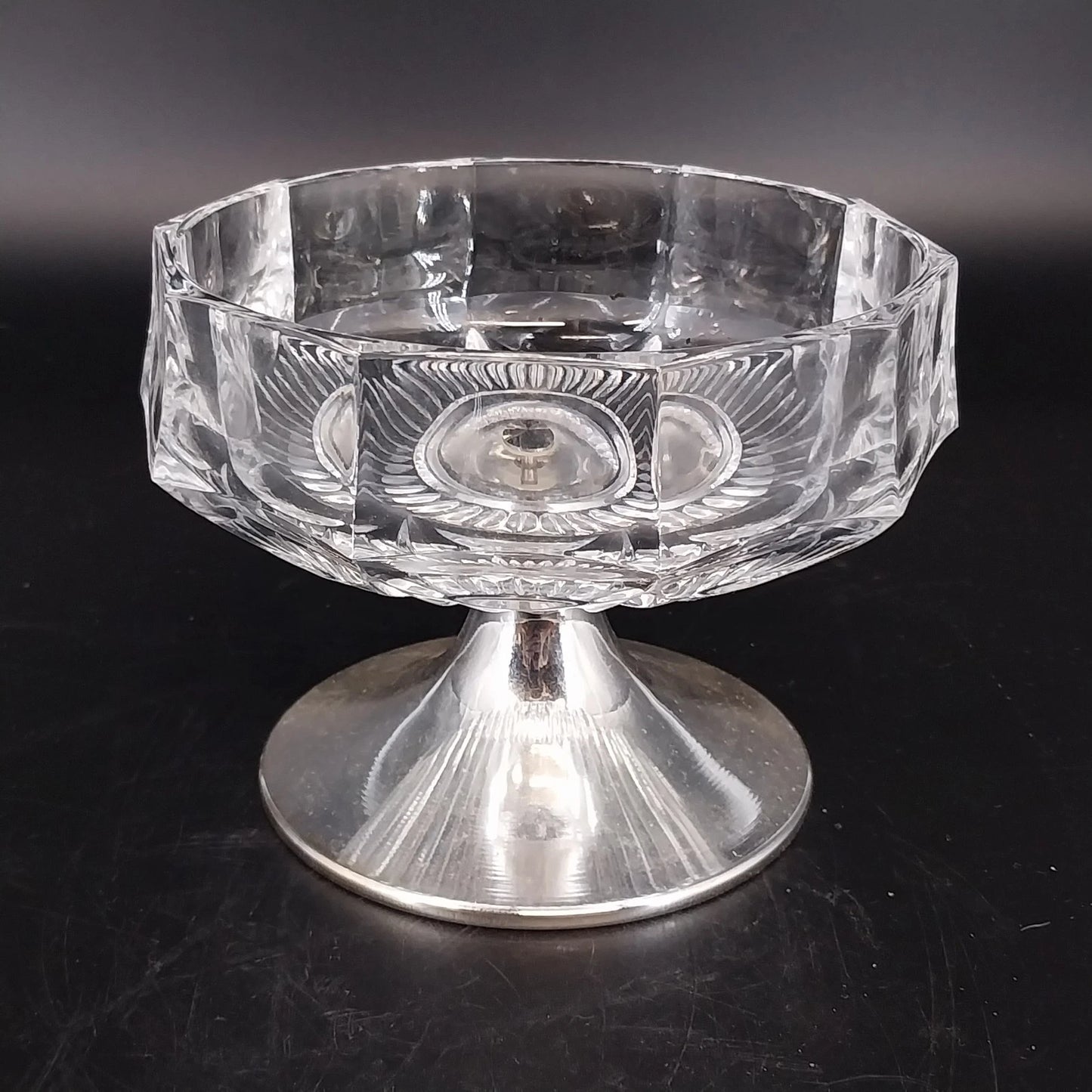 Heavy Glass Thumbprint Candy Dish Compote w Lid Silver Metal Base 7" Vintage