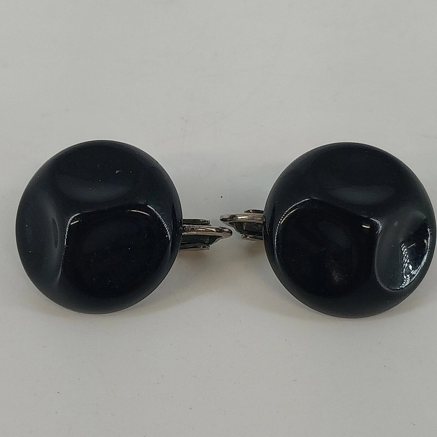 Black Statement Earrings Glossy Abstract Dome Round 1" Silver Tone Clip On Vtg