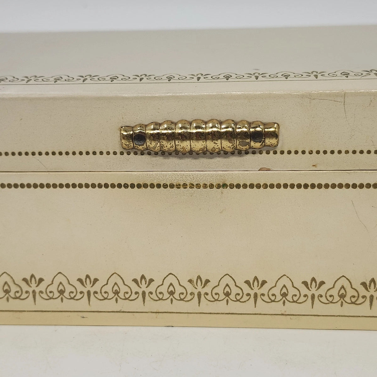 Jewelry Trinket Box Cream Gold Filigree Red Velvet Satin Lift Out Tray 12.5" Vtg