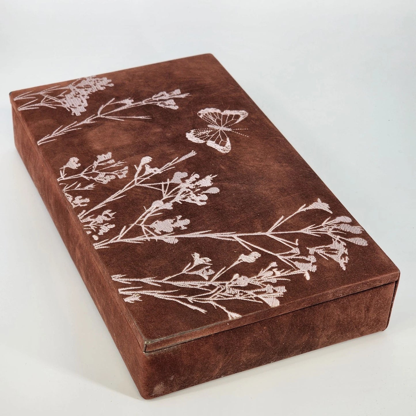 Floral Embroidered Jewelry Box Mirror Brown Fabric Case Floral Pink Felt Lining