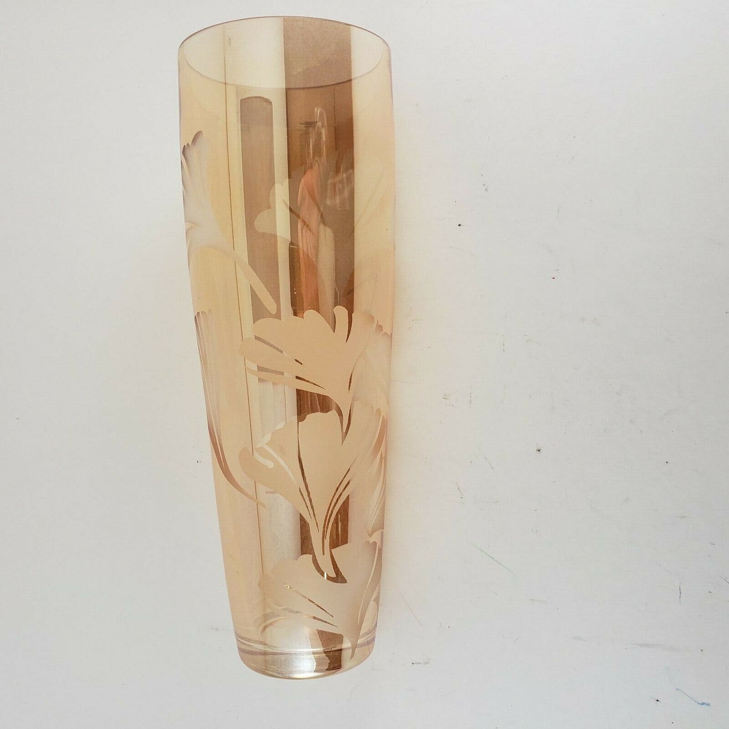 Vintage Peach Lustre Iridescent Glass Vase – 12" Hand-Blown Etched Vase with Ginkgo Leaf Design, Mouth-Blown Collectible Art Glass