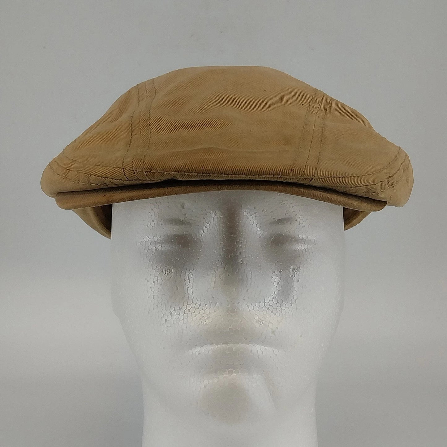 George Tan Canvas Newsboy Cap Flat Driving Hat Multi Panel Mens Small Spot Vtg