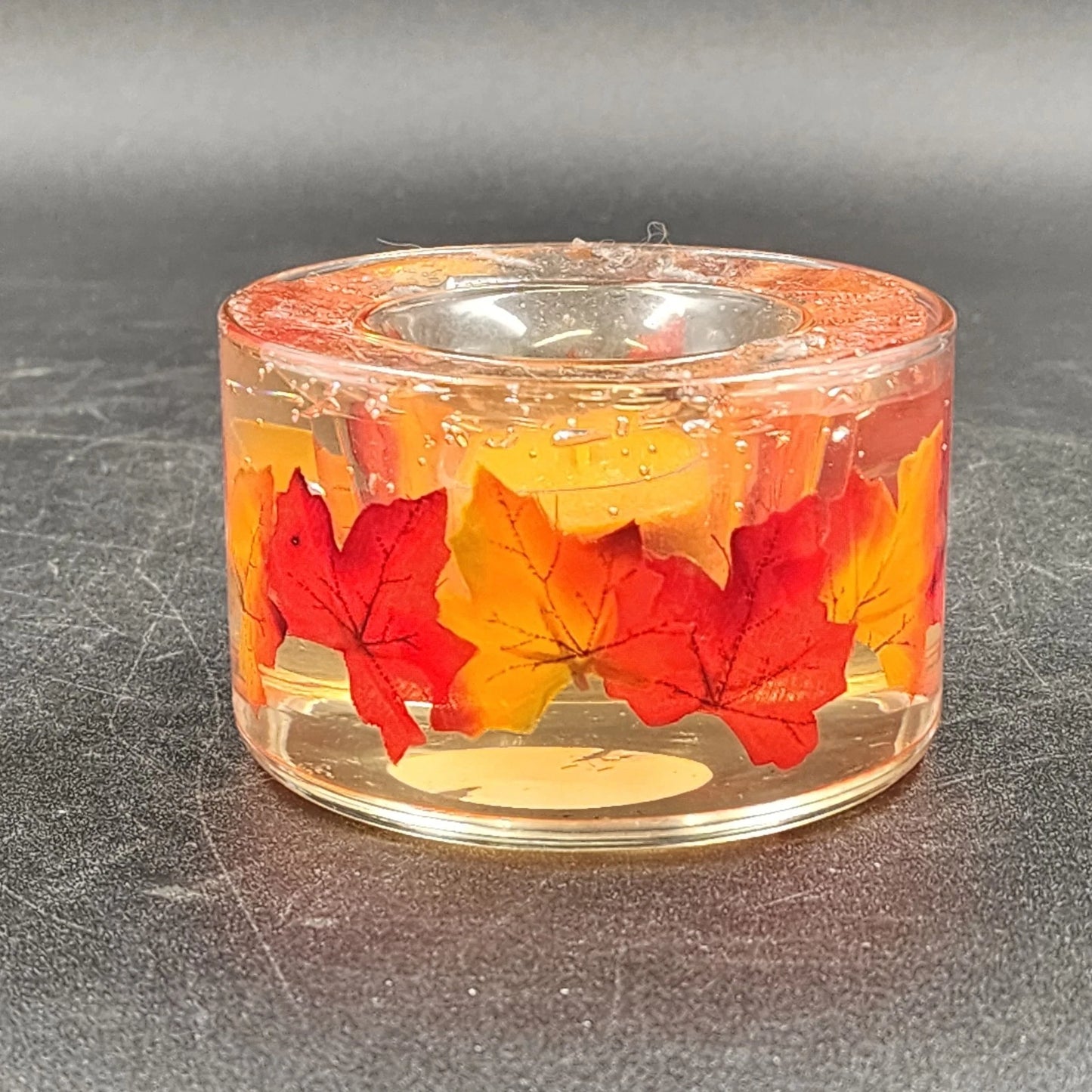 Autumn Leaves Gel-Filled Votive Candle Holder Double Glass 4" x 2.5" Fall Decor