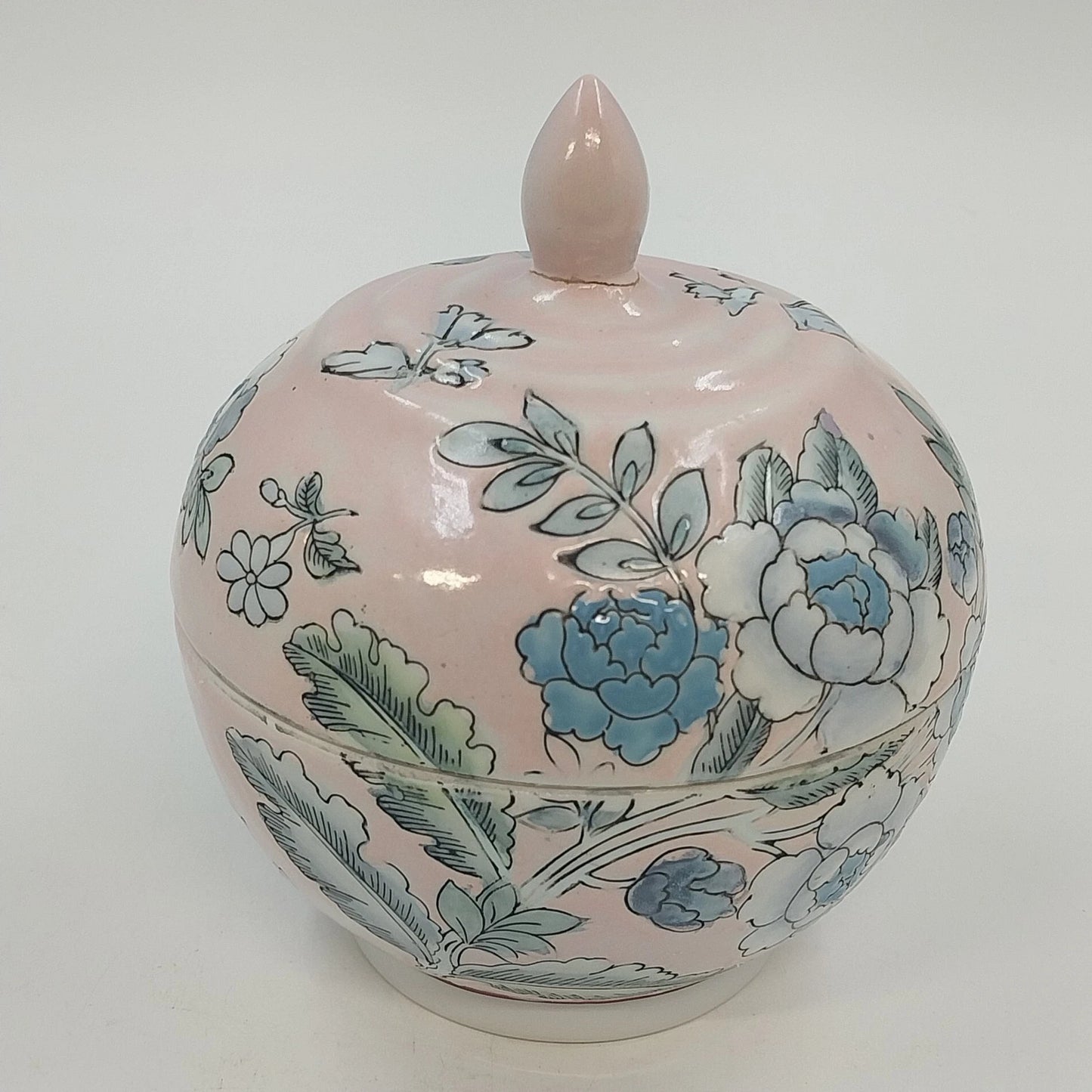 Chinese Hand Painted Porcelain Covered Bowl Pink Blue Floral Ginger Pot Jar Vtg