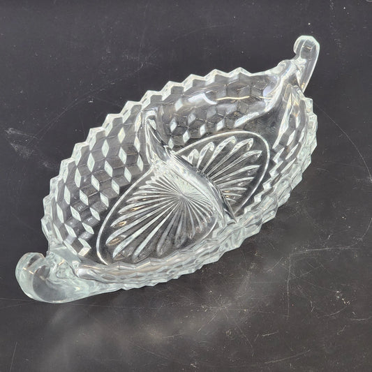Fostoria American Oval Relish Dish 2-Part Divided Boat Clear Glass Cubist 11"