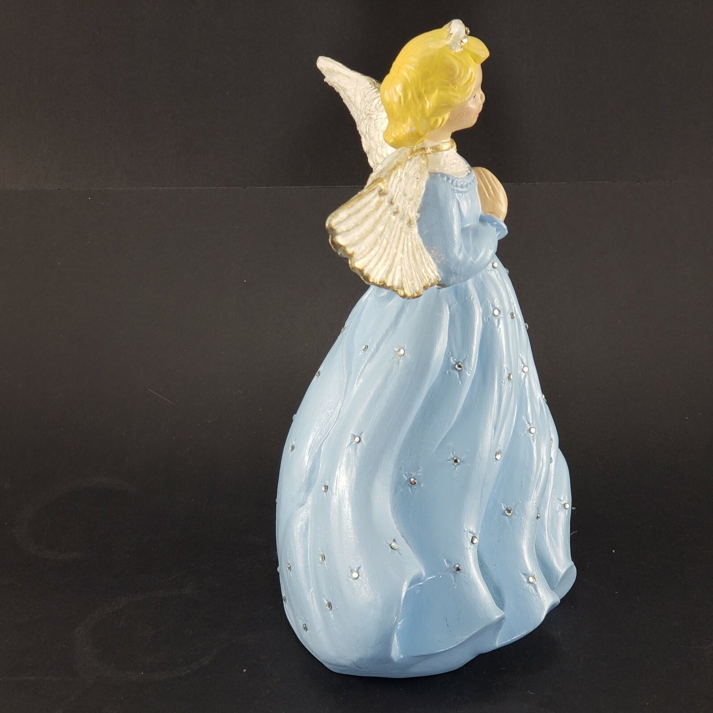 Ceramic Angel Figurine 10"H Blue Dress Rhinestones Glitter Wings Vintage