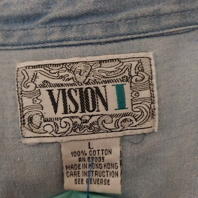 Vision 1 Denim Shirt L Velvet Collar & Cuffs Long Sleeve 100% Cotton Vintage