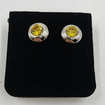 Silver Tone Yellow Sapphire Round .5" Faceted Stone Stud Earring Jewelry