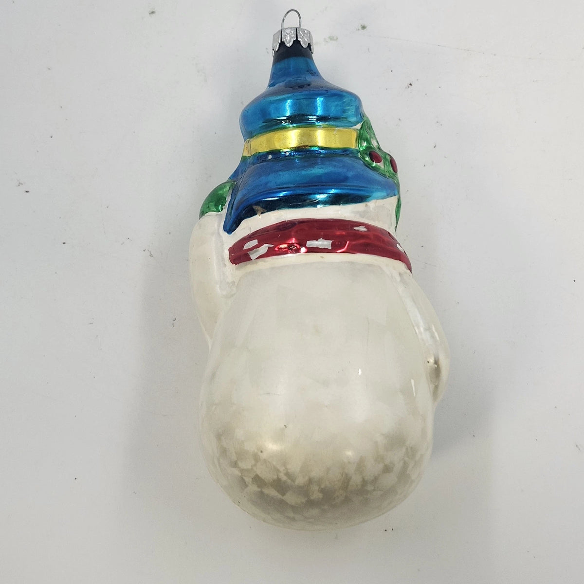 Snowman Blue Hat Red Scarf Hand Painted Blown Glass Christmas Ornament 5" Vtg