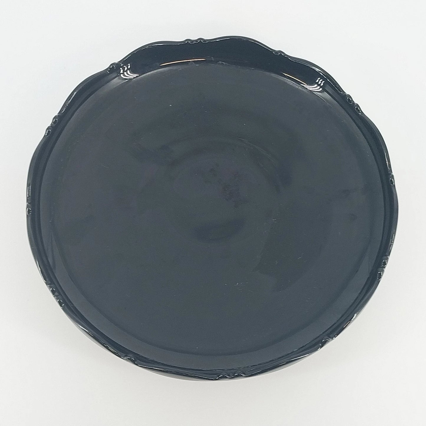 LE Smith Mt Pleasant Black Glass Footed Serving Bowl Scalloped Rim 9.25" Vintage