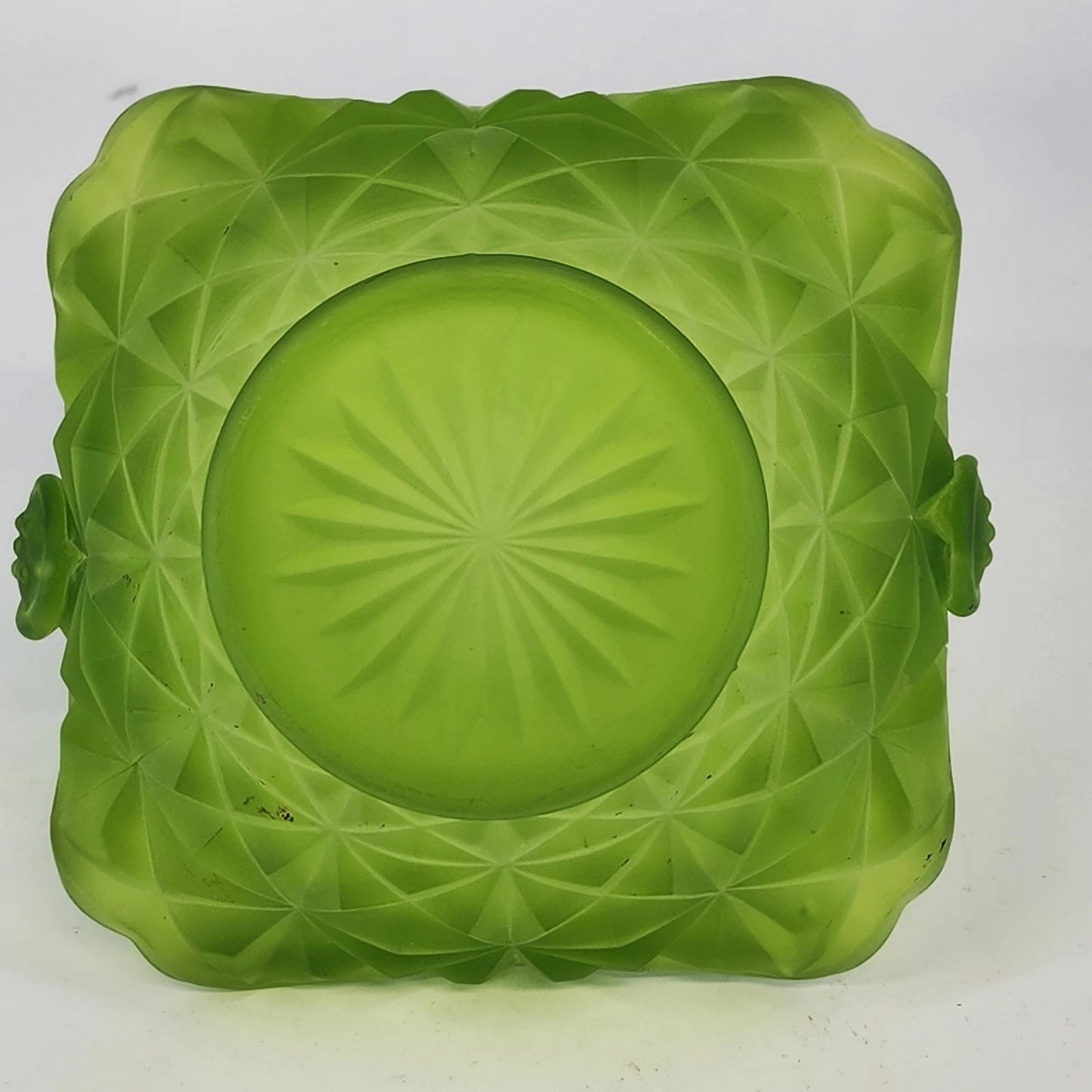 Westmoreland Green Satin Glass Basket Diamond Point Ruffled Candy Dish 6.5" Vtg