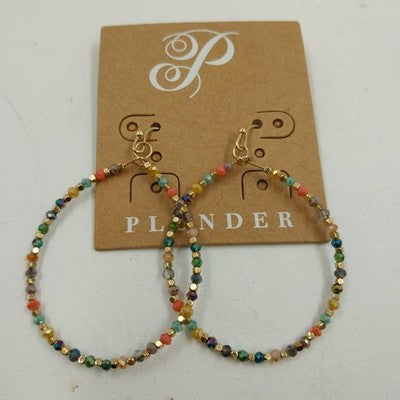 Plunder Gold Tone Chain Multicolor Faceted Beaded & Cube Gold Hoop Earrings 1.5"
